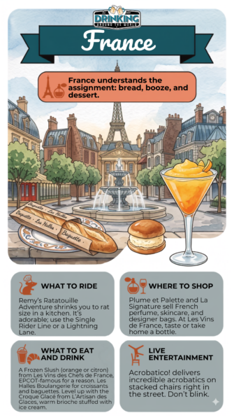 France pavilion EPCOT: Eiffel Tower, baguette, and orange drink