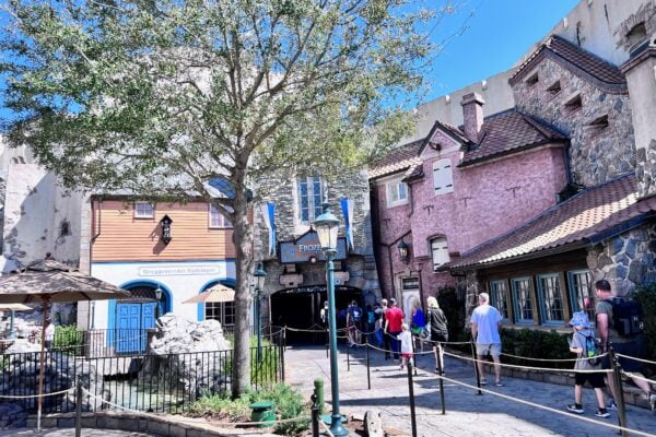EPCOT Norway Pavilion entrance with Stave Church and shops.