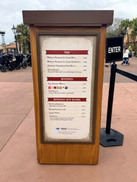 EPCOT Norway Pavilion food and drink menu with prices.