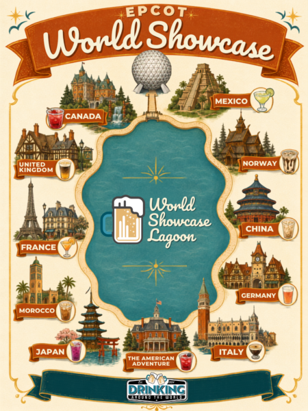EPCOT World Showcase map showing countries and attractions around the lagoon