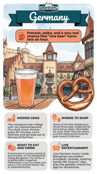 EPCOT Germany pavilion: beer, pretzel, and clock tower