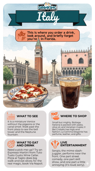 EPCOT Italy pavilion: Pizza, drink, and Venetian architecture in World Showcase