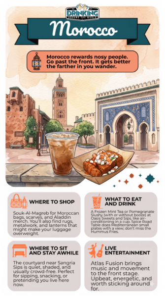 Morocco pavilion at EPCOT's World Showcase with food and shopping