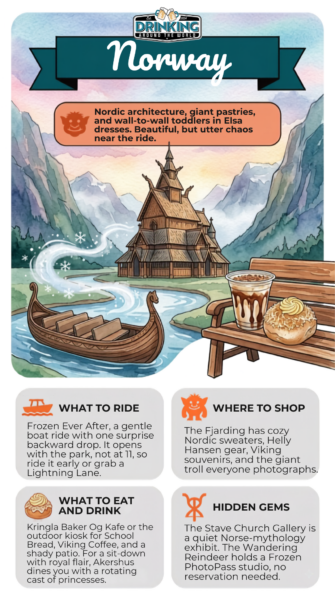 Norway pavilion at EPCOT: Viking village, fjord, pastries, and rides