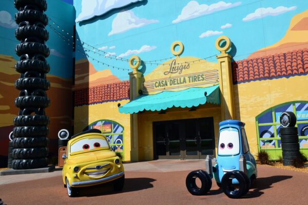 Luigi's Casa Della Tires from Cars Land, with Guido and Luigi characters, relevant to a Disney Skyliner bar crawl.