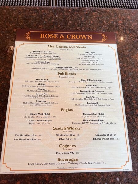 rose and crown menu front