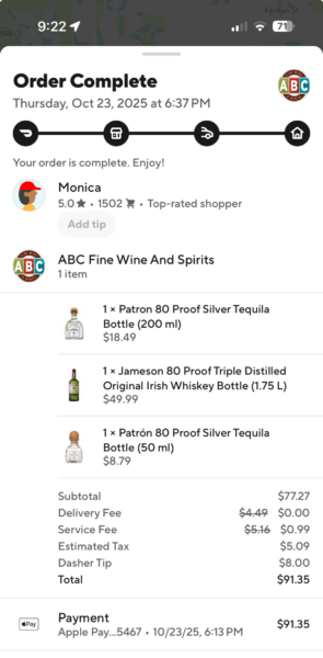 Order complete screen shows ABC Fine Wine and Spirits delivery confirmation
