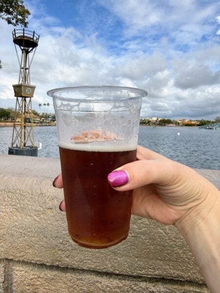 Hand holding EPCOT beer with World Showcase in background