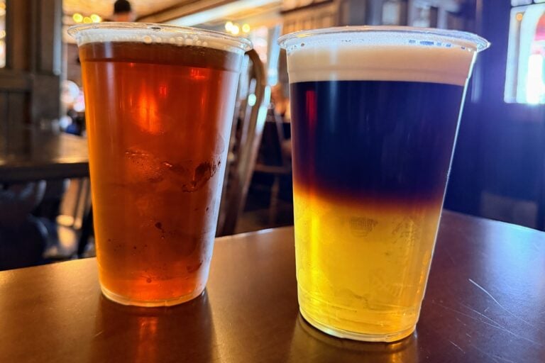 Two beers in plastic cups: one amber ale, one dark beer layered over lager.