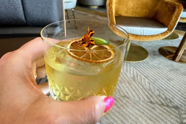 Woman's hand holding a refreshing cocktail with a dried orange slice and flower garnish.