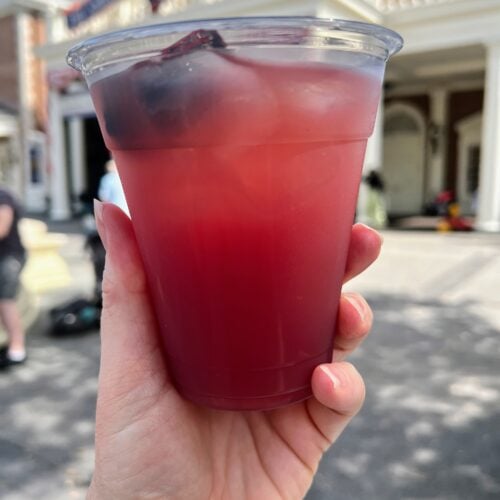EPCOT Moonshine Sour over ice with a blackberry, held up in front of the American Adventure