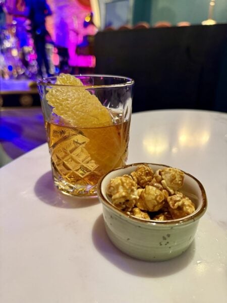 Caramel Corn Old Fashioned with a side of caramel corn at Hurly-Burly