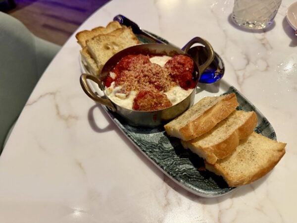Hurly-Burly Meatballs in Tomato Gravy with stracciatella and toasted focaccia