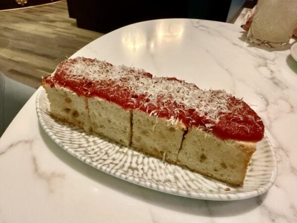 Hurly-Burly Tomato Pie, focaccia with tomato sauce and Pecorino Romano